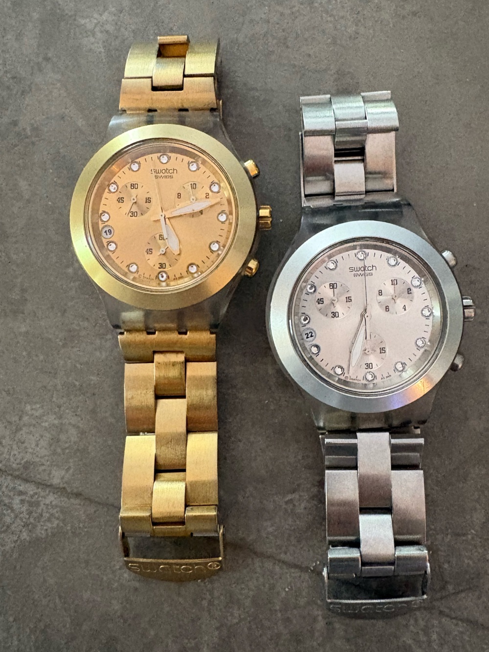 Swatch Gold Tone Chronograph Bracelet Watch and a silver one
